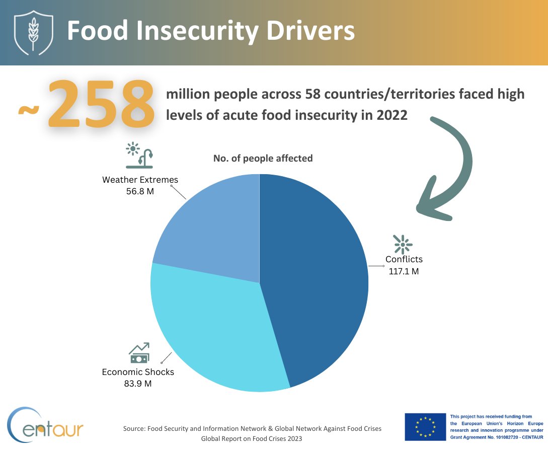 According to the Global Report on Food Crises, in 2022, the number of people experiencing acute #FoodInsecurity increased📈 for the 4⃣th consecutive year

The causes behind this are multifaceted &amp; complex, but 3 drivers include:
➡️Economic Shocks
➡️Conflicts
➡️Weather Extremes
