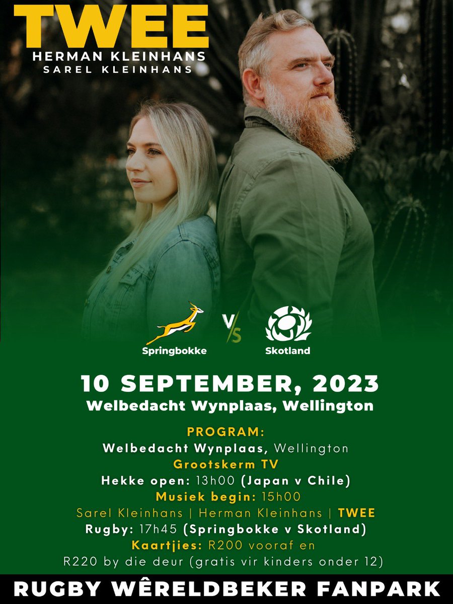 Great day of watching the Springboks play their 1st game at the RWC on big screens, new release Wines, Food by Spur and the great sounds of Twee on the lawns of Welbedacht - come and join us 🍷 qkt.io/tweebywellingt…