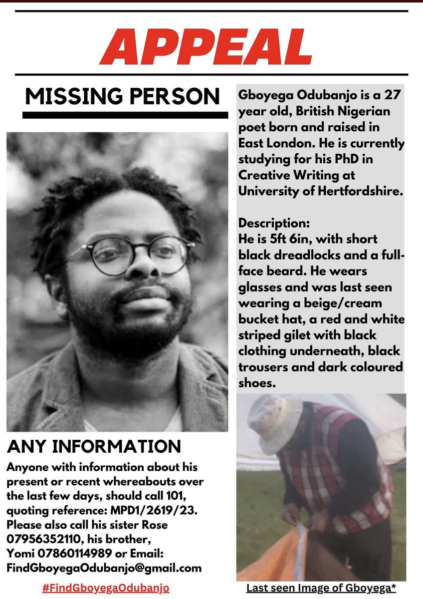 melissasigodo's tweet image. Gboyega Odubanjo has been missing since the weekend and his family says this is completely out of character. If anyone knows anything please contact the numbers on the flyer below. Praying he can be found soon 🙏🏾