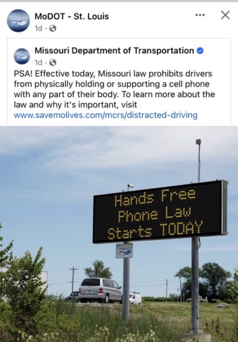 Hands-Free Driving Starts Today in Missouri. 

How hard will this be for you? 

Most people are attached to their phones and check them constantly, even while driving.

#MDOT
#MDOTsafety
#handsfree
#putdownthephone