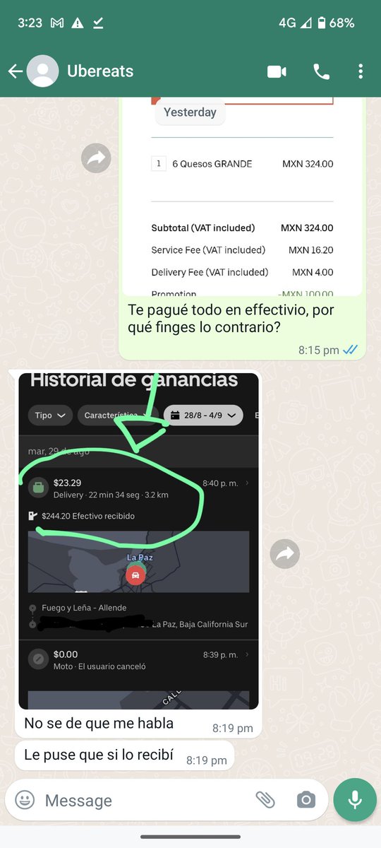 fakecharge's tweet photo. @UberEats paid driver in cash but order showing up as unpaid.. have the screen shots from the driver confirming he accepted payment. Can you please fix this? Reporting via the app refused to acknowledge that y'all are trying to charge me twice (order wasn't even correct btw) 🙏🏽 https://t.co/5hLdZD4mGv