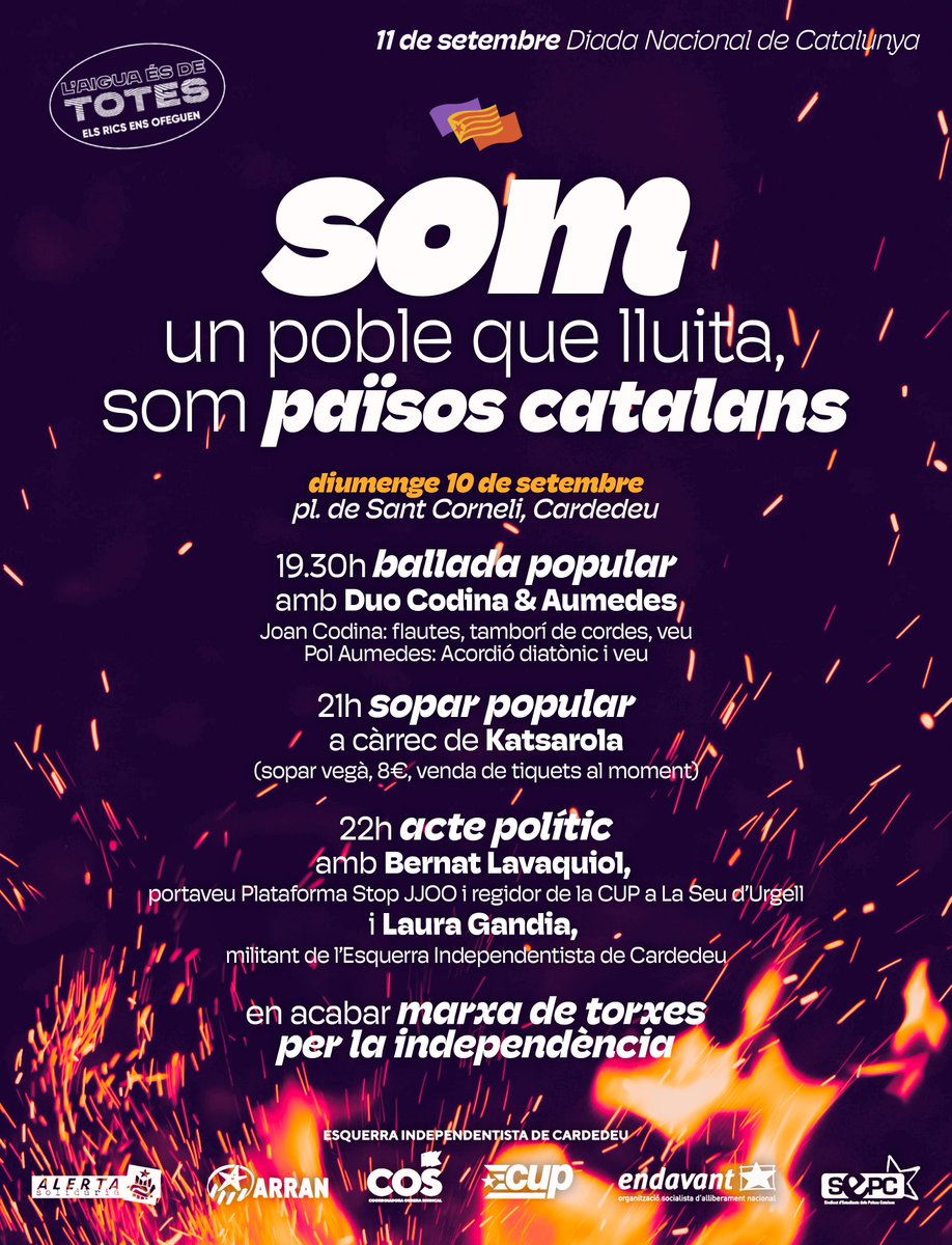 📌 Un any més, l'Esquerra Independentista de #Cardedeu organitzem la vigília de l'#11S2023 al poble. Enguany, amb ballada popular, sopar, acte polític amb en @bernatpirineus (<a href="/stopjjoo/">Plataforma #StopJJOO</a>) i <a href="/LGB____/">Lau GB</a> (<a href="/ArranCardedeu/">Arran Cardedeu #ÉsExemple</a>) i marxa de torxes per la #independència. 🔥 #SomPaïsosCatalans