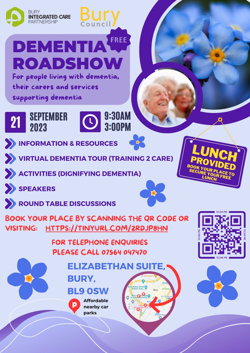 Healthwatchbury's tweet photo. Dementia Roadshow for people living with dementia, their carers and services supporting dementia.   🗓️

🗓️Thurs 21st Sept 9.30am-3pm  
📌Elizabeth Suite, Bury BL9 0SW   

Scan QR code to book or visit 👉https://t.co/IdDX1F3Wqe https://t.co/fSUevSKHoi