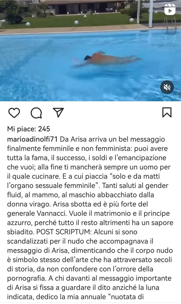 CrazyItalianPol's tweet photo. After singer Arisa decided to show herself on Instagram in her birthday suit, former MP Mario Adinolfi decided to respond with a video in which he swims in adamitic clothes, for some reason. https://t.co/jzmENKXnD7