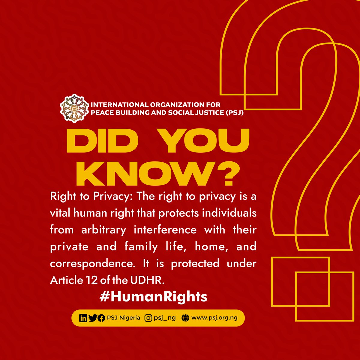 PSJNigeria's tweet image. Today on our 'did you know' fact series.

RIGHT TO PRIVACY

Did you know that the right to privacy is a vital human right?

Peek to view details.

NOW YOU KNOW. 😁

#PSJNG #humanrights #RightToPrivacy