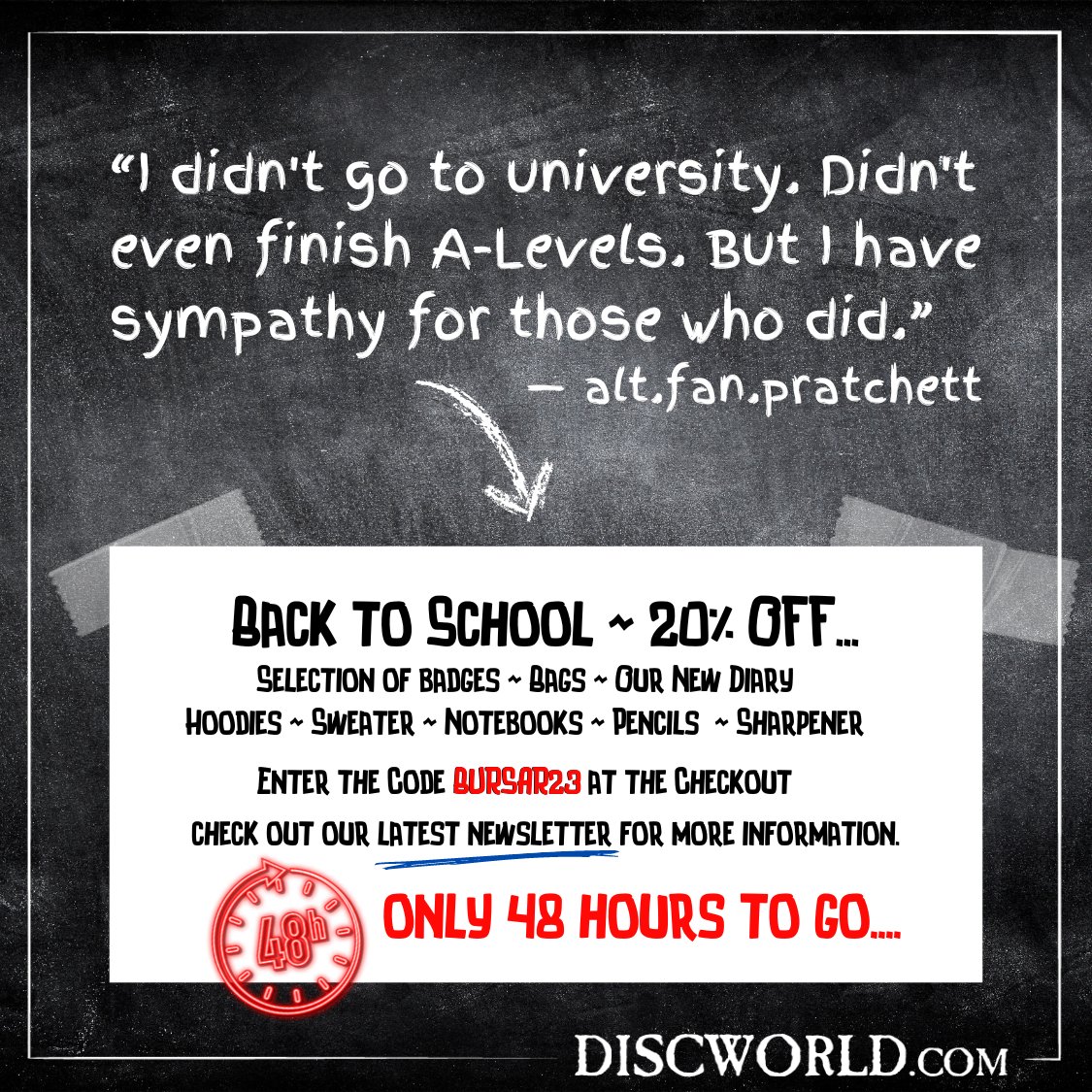 Class is very nearly back in session. 20% off bags, diary, hoodies, sweater, notebooks, selection of badges, pencils & sharpener. 📰 Check out our latest newsletter for details bit.ly/Discworld-scho… 🛒Use BURSAR23 at checkout ⏳ Offer ends 31st Aug #Discworld #TerryPratchett