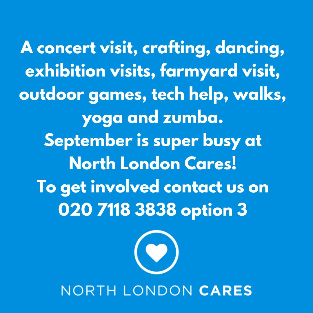 We've 21 Social Clubs in September including a concert visit, crafting, dancing, exhibition visits, farmyard visit, outdoor games, tech help, walks, yoga and zumba.

If you'd like to get involved contact us on 020 7118 3838 option 3.