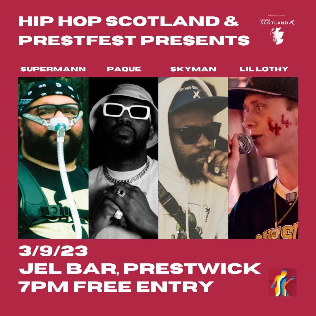 HIP HOP SCOTLAND @ PRESTFEST 🚀

📅 3/9/23 7PM
📍 JEL BAR, PRESTWICK

We're excited to present our first festival showcase THIS SUNDAY 7PM with 3 super talented artists <a href="/paqueofficial/">PAQUE</a>, Skyman &amp; Lil Lothy 🔥🔥