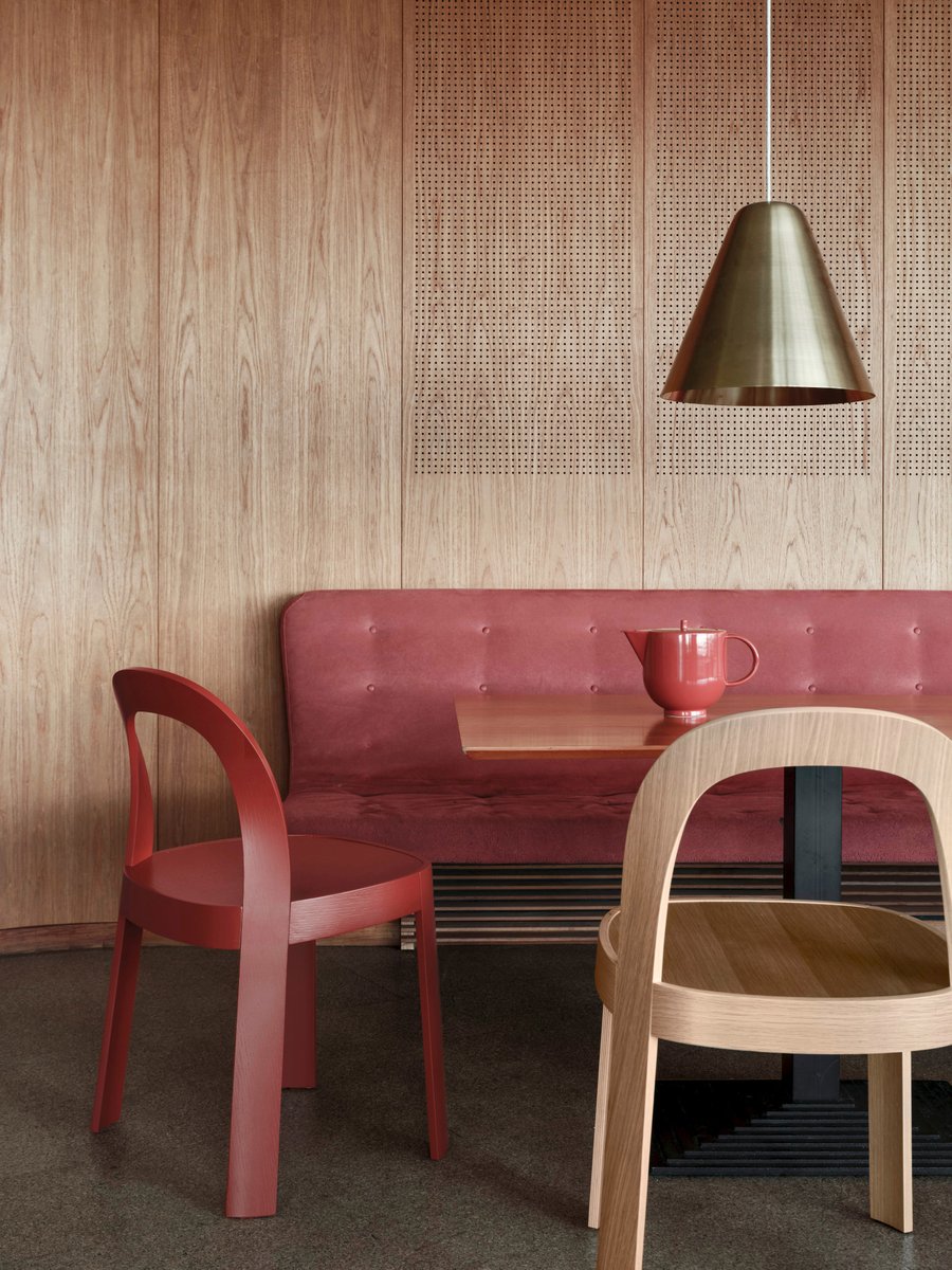 Light and nimble, the OM chair offers a generously slender seat supported by minimal construction. An expertly molded piece of plywood turn the hind legs into an accommodating backrest. OM is made in European oak or ash; dyed colors are optional along with padded seats.