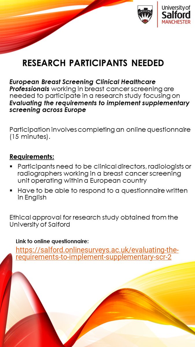 📢Calling all #breastcancer screening radiographers/radiologists/directors in Europe!  Participate in online questionnaire to shape the future of supplementary screening for women with dense breasts   📷Link: salford.onlinesurveys.ac.uk/evaluating-the……

<a href="/mercer_claire/">Dr Claire Mercer</a>

<a href="/ClareAllely/">Clare Allely</a>
<a href="/Cheryl_Cruwys/">BreastDensityMatters</a>