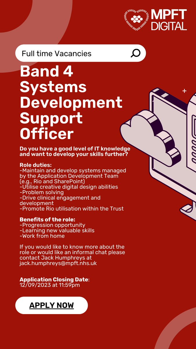 MpftDigital's tweet image. Become a home-based Systems Development Support Officer @mpftnhs

👨‍💻Contact Jack Humphreys an informal chat on the two vacancies available for this role! 

📲jack.humphreys@mpft.nhs.uk 

👉healthjobsuk.com/job/v5565133

 #NHSjobs #administration #Fixedtermcontract #opportunity