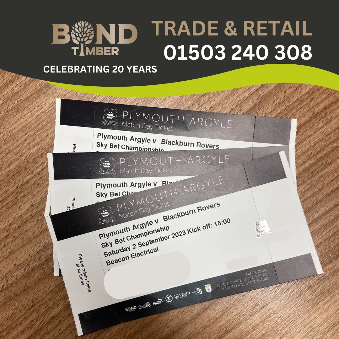 BondTimber's tweet photo. Want to win three tickets to Argyle VS Blackburn Rovers game this weekend - just comment below with who you'd take and share this post and you could be the lucky winner! We'll pick a random winner tomorrow. Good luck! @Argyle #argyle #pafc #competition #bondtimber #giveaway https://t.co/o0pAqcSMFH