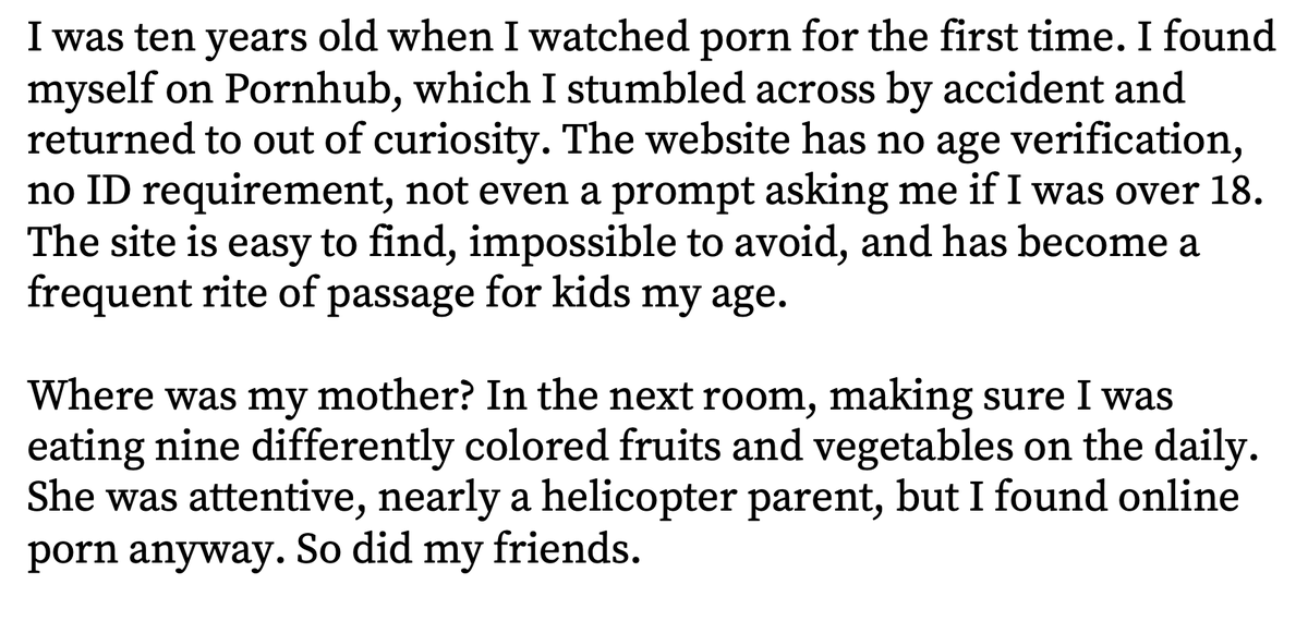 In my forthcoming book I argue that parents have been overprotective about experience in the real world and not protective enough online. 

This point is made powerfully by Elizabeth Hogben, age 16, about porn. She's a prize winner in <a href="/TheFP/">The Free Press</a> contest:

thefp.com/p/why-are-our-…