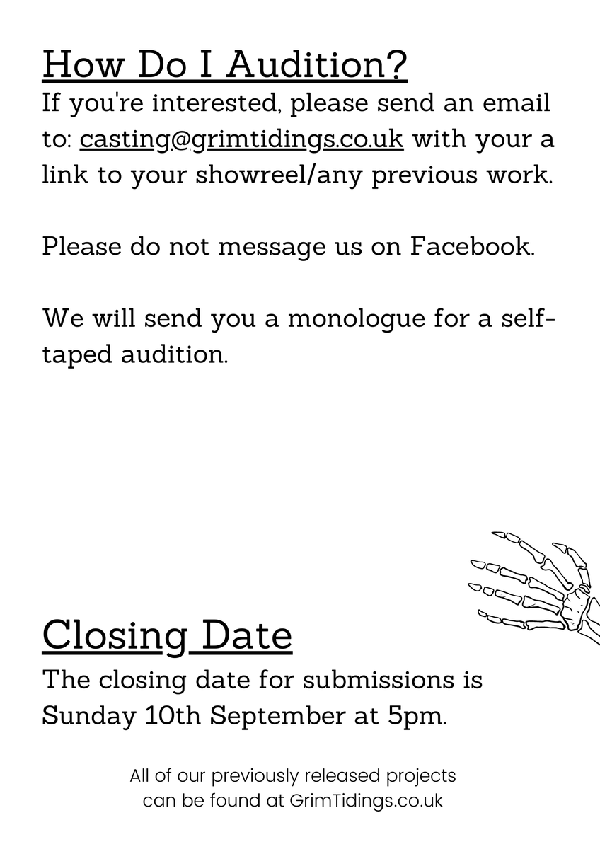 💀 Casting Call 💀
Prescot, Liverpool (L34)
Sunday 8th October
Unpaid (max £20 travel expenses, IMDb Credit, Digital copy of footage)

All details in the images below 👇

Email casting@grimtidings.co.uk
