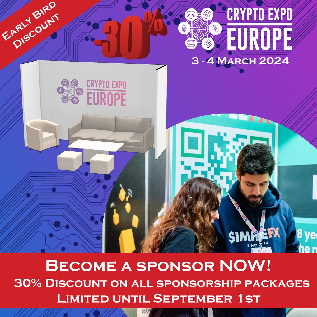 CryptoExpoEu's tweet image. 🚀 Catapult Your Brand with an Irresistible 30% Discount on Sponsorship Packages! 🌟 Seize this exceptional opportunity to showcase your brand during our event. Reserve your booth on our website before all spaces are filled. #CryptoExpoEurope #AmplifyYourBrand #FewSlotsLeft