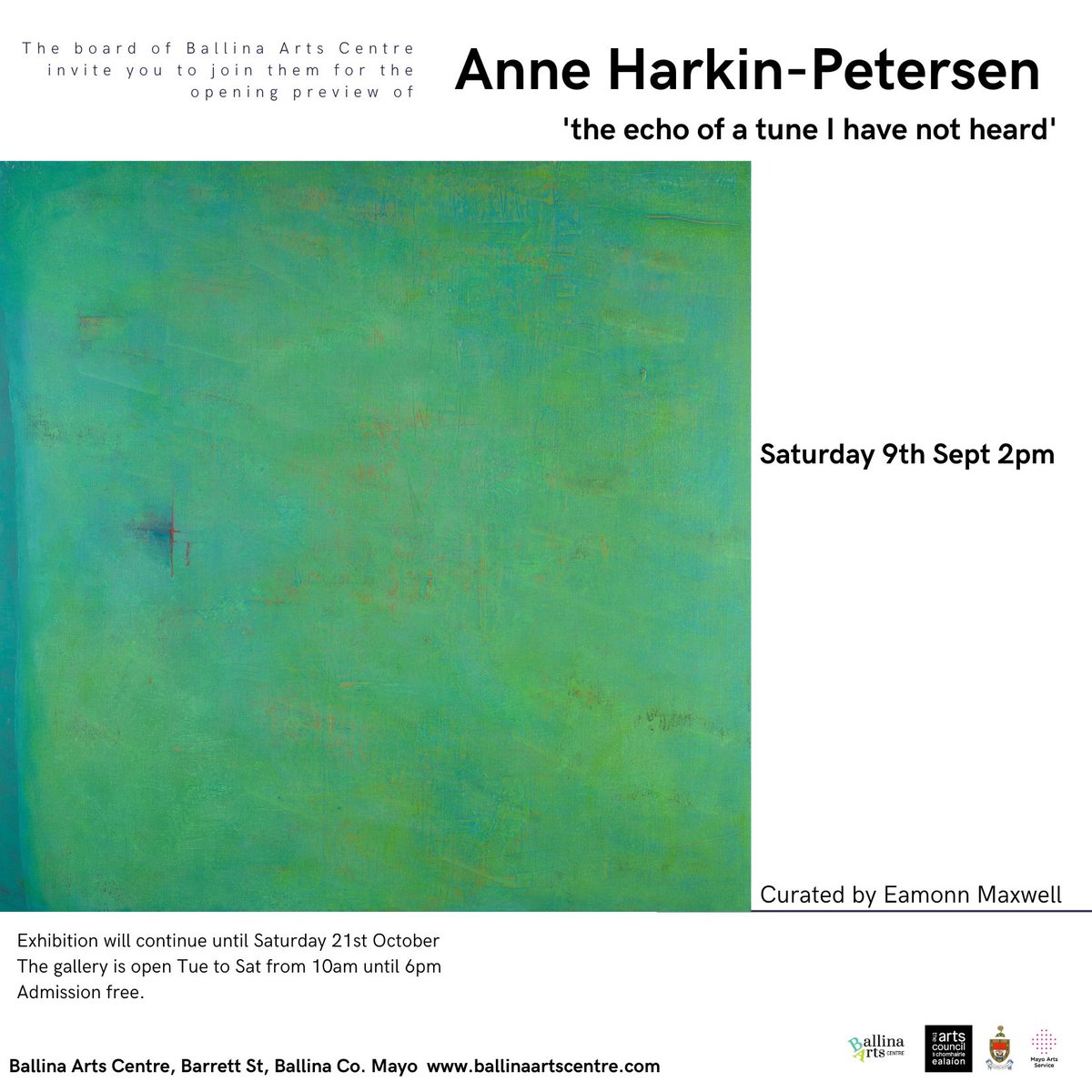 Anne Harkin - Petersen's exhibition entitled 'the echo of a tune I have not heard' will open on Saturday September 09th at 2pm in Ballina Arts Centre. The exhibition run until October 21st. @ballinaartscent @MayoDotIE