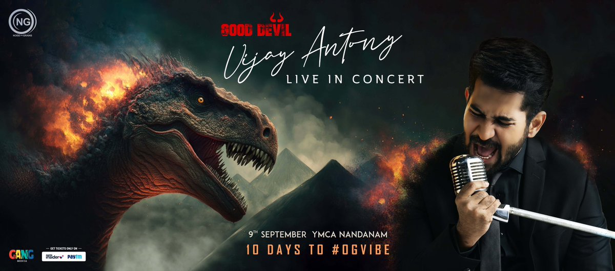 Just 10 Days to #OgVibe 🪩

Good Devil 😈 Vijay Antony - Live In Concert, Chennai🔥

Tickets 🎟 bit.ly/vijayantonycn

@noiseandgrains @gangmedia_offl @karya2000 @itisveer @onlynikil 

#vijayantony #noiseandgrains #chennai