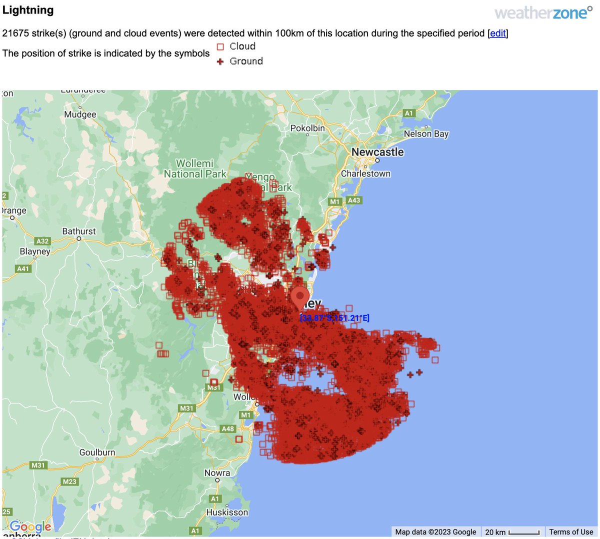 This afternoon's thunderstorms produced 21,675 lightning strikes within 100 km of Sydney between 3pm and 6pm. Not a bad effort for winter.