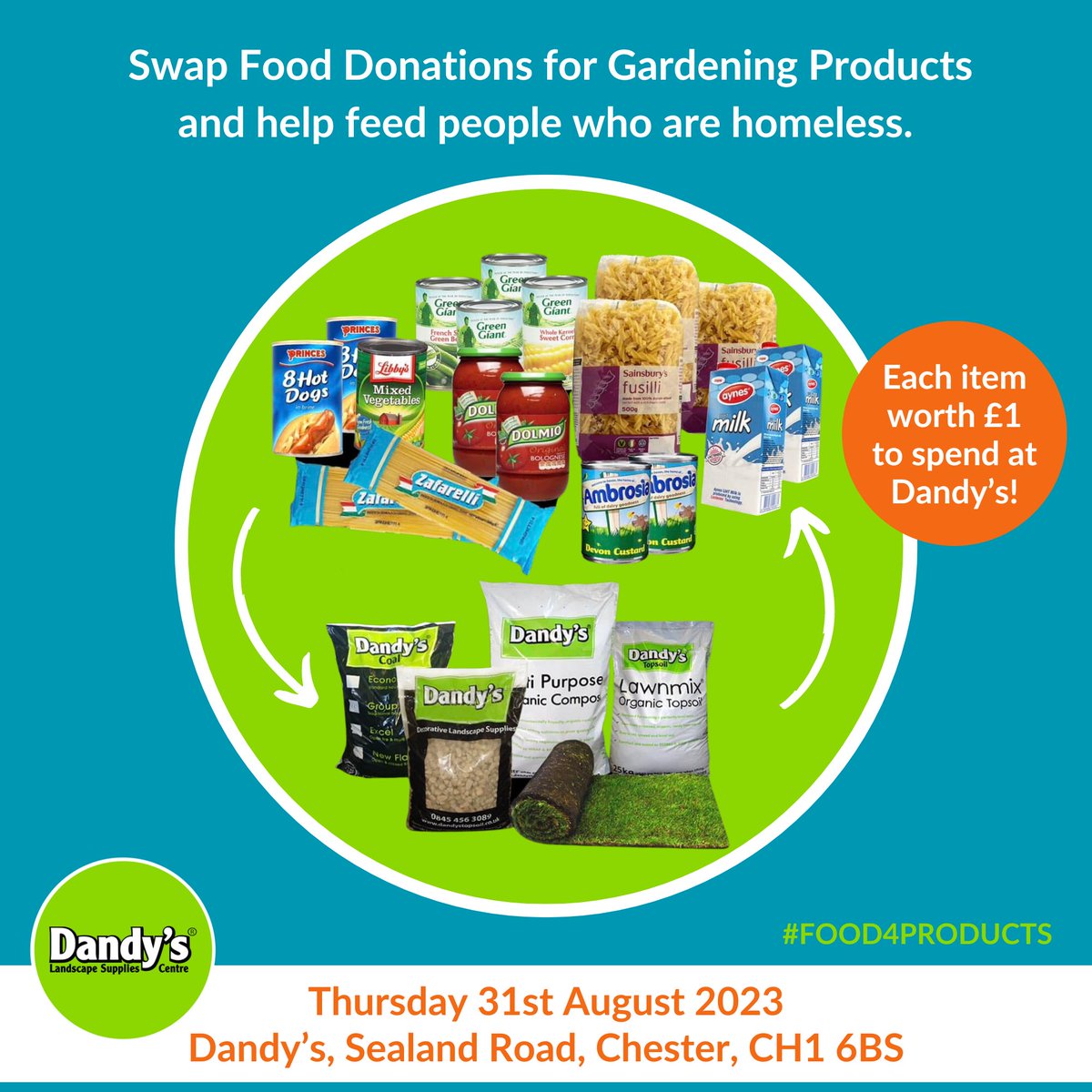 On Thursday 31st August, we will accept FOOD 4 PRODUCTS for your garden! 
Each item will be worth £1 to spend on any items collected from Dandy’s Landscape Supplies Centre, Sealand Rd, CH1 6BS. 

All food will be given to Chester’s ShareShop to feed people who are homeless.…