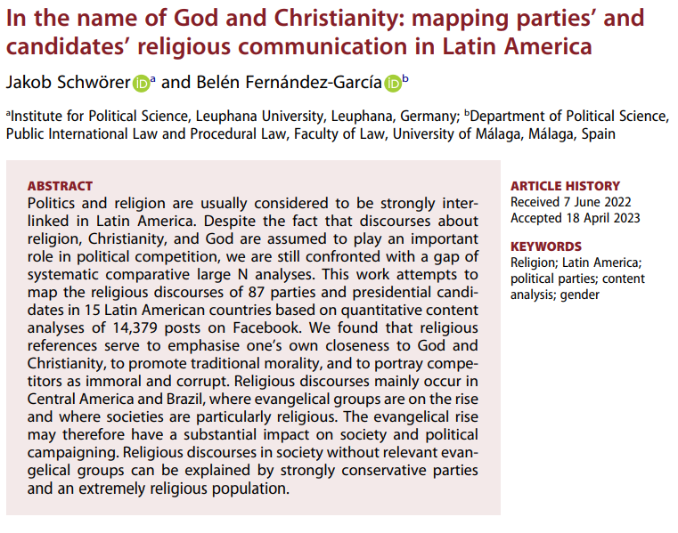 Religion, State & Society Journal (@rssjournal) on Twitter photo How do political actors in Latin America use religion? <a href="/SchworerJakob/">Jakob Schwörer I @Jakobschwoerer@det.social</a> and BelĂ©n Fernández-GarcĂa analyse >14,000 Facebook posts from 87 political actors in 15 countries.
tandfonline.com/doi/epdf/10.10… How do political actors in Latin America use religion? <a href="/SchworerJakob/">Jakob Schwörer I @Jakobschwoerer@det.social</a> and BelĂ©n Fernández-GarcĂa analyse >14,000 Facebook posts from 87 political actors in 15 countries.
tandfonline.com/doi/epdf/10.10…
