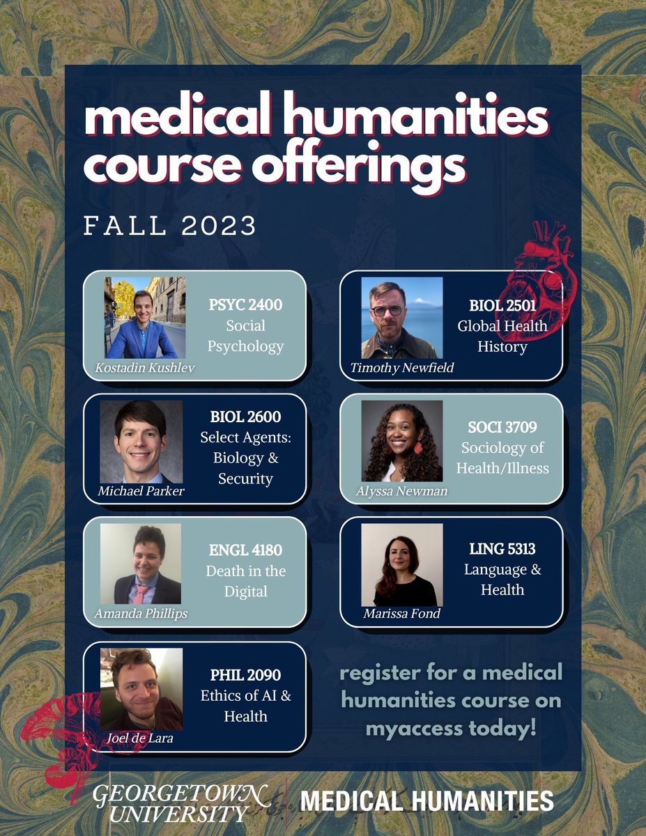 Georgetown Medical Humanities Initiative (@gumedhum) on Twitter photo Are you a <a href="/Georgetown/">Georgetown University</a> undergraduate or graduate student looking for a captivating class to cap off your #Fall2023 schedule? Look no further than our medical humanities courses taught by extraordinary faculty! Be sure to register before add/drop ends this Friday. Are you a <a href="/Georgetown/">Georgetown University</a> undergraduate or graduate student looking for a captivating class to cap off your #Fall2023 schedule? Look no further than our medical humanities courses taught by extraordinary faculty! Be sure to register before add/drop ends this Friday.