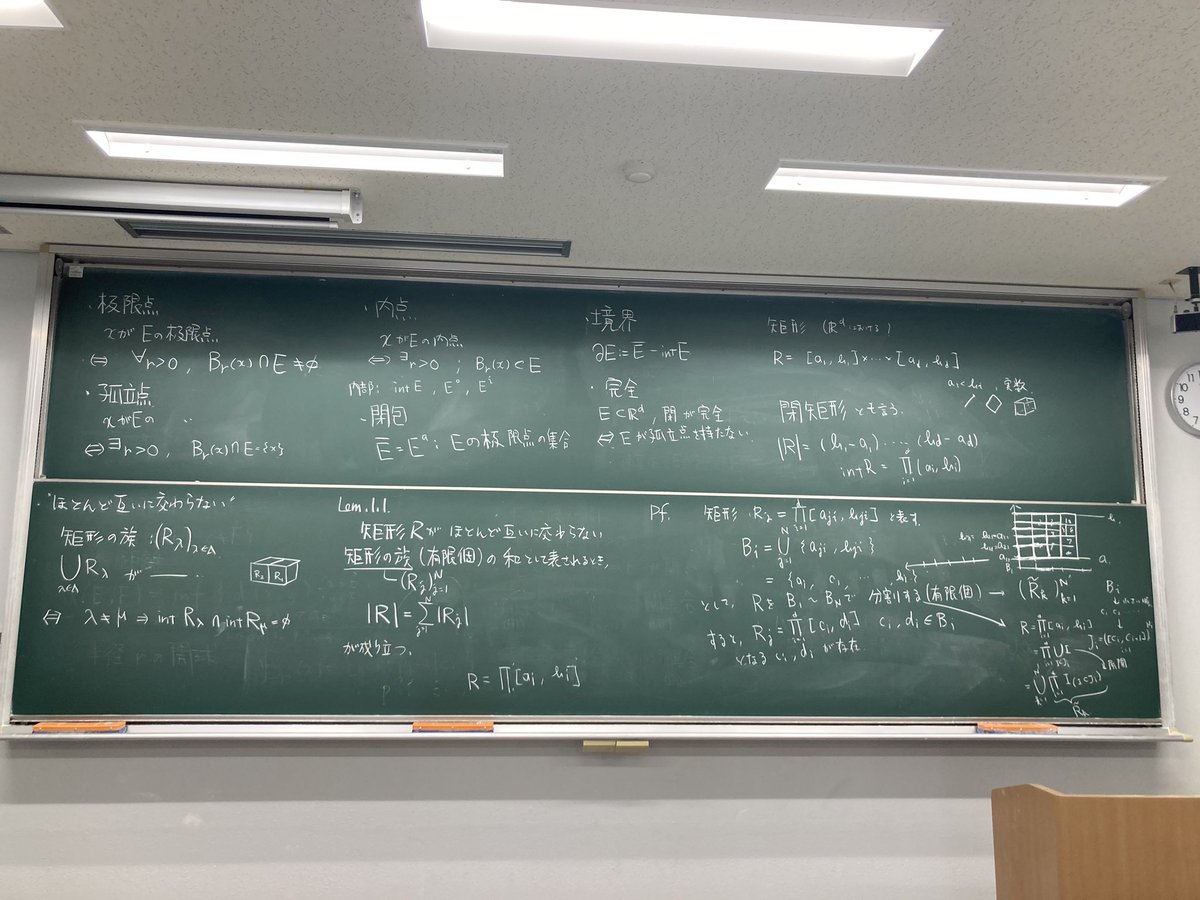 Gaku_NU's tweet photo. 【活動報告】
先週金曜日は #ルベーグ積分ゼミ がありました！
今回は、基本的な位相空間論の用語の確認を行いました。
また、測度の構成の基礎となる矩形の基本的な性質について扱いました。
次回は外測度について扱う予定です！ https://t.co/RGTsY6OxeZ
