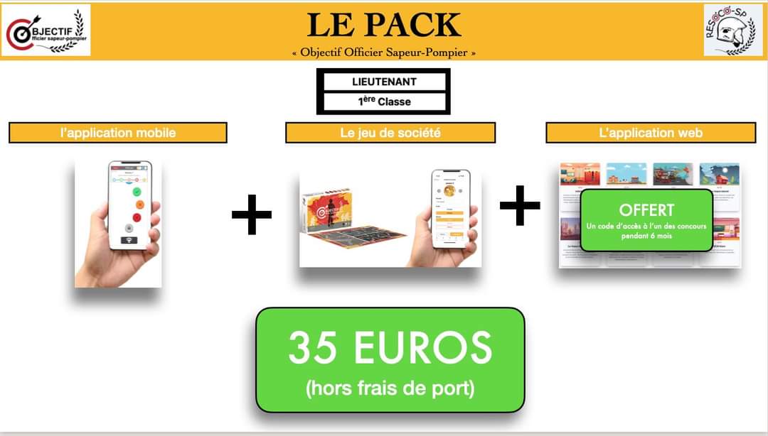 🚨le pack objectif officier sp🚨 

En attendant la date de l’ouverture de notre application mobile et du jeu de société.
Prix du pack, 35 euros ( hors frais de port) avec un accès à :
 l’application mobile pour un an;
le jeu de société.