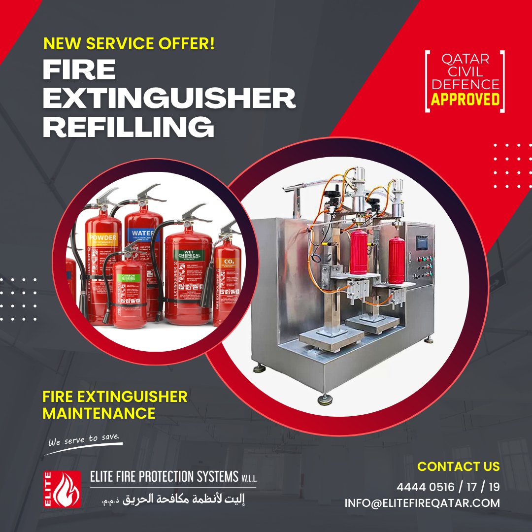 elitefireqatar's tweet photo. 🔥 Safety First! 🔥 Our professional fire extinguisher refilling service ensures your safety equipment is always ready to protect. For inquiries, please email us at info@elitefireqatar.com 💪🚒🔥 #SafetyFirst #FireSafety #PeaceOfMind #RefillService https://t.co/gtskKSiP3E