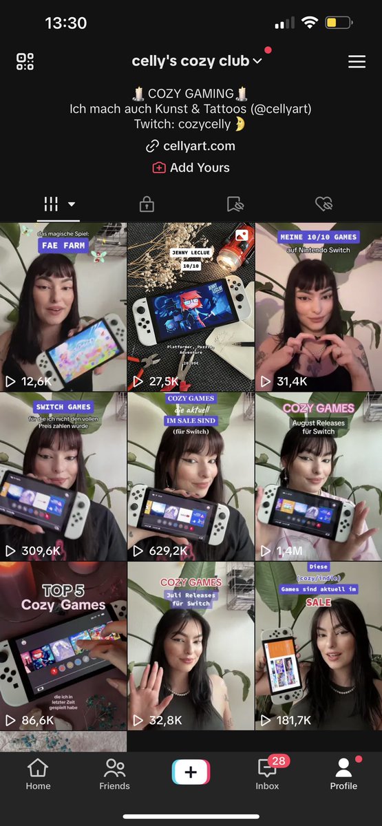 ich bin so froh, dass ich einen gaming account auf tiktok angefangen habe. (auch wirklich nur zum spaß, weil ich cozy/indie games so liebe)

ich habe gerade mal 10 videos online und die gehen alle so ab 😭🩷  hab das null erwartet aber danke!

mein account heißt: cellyscozyclub