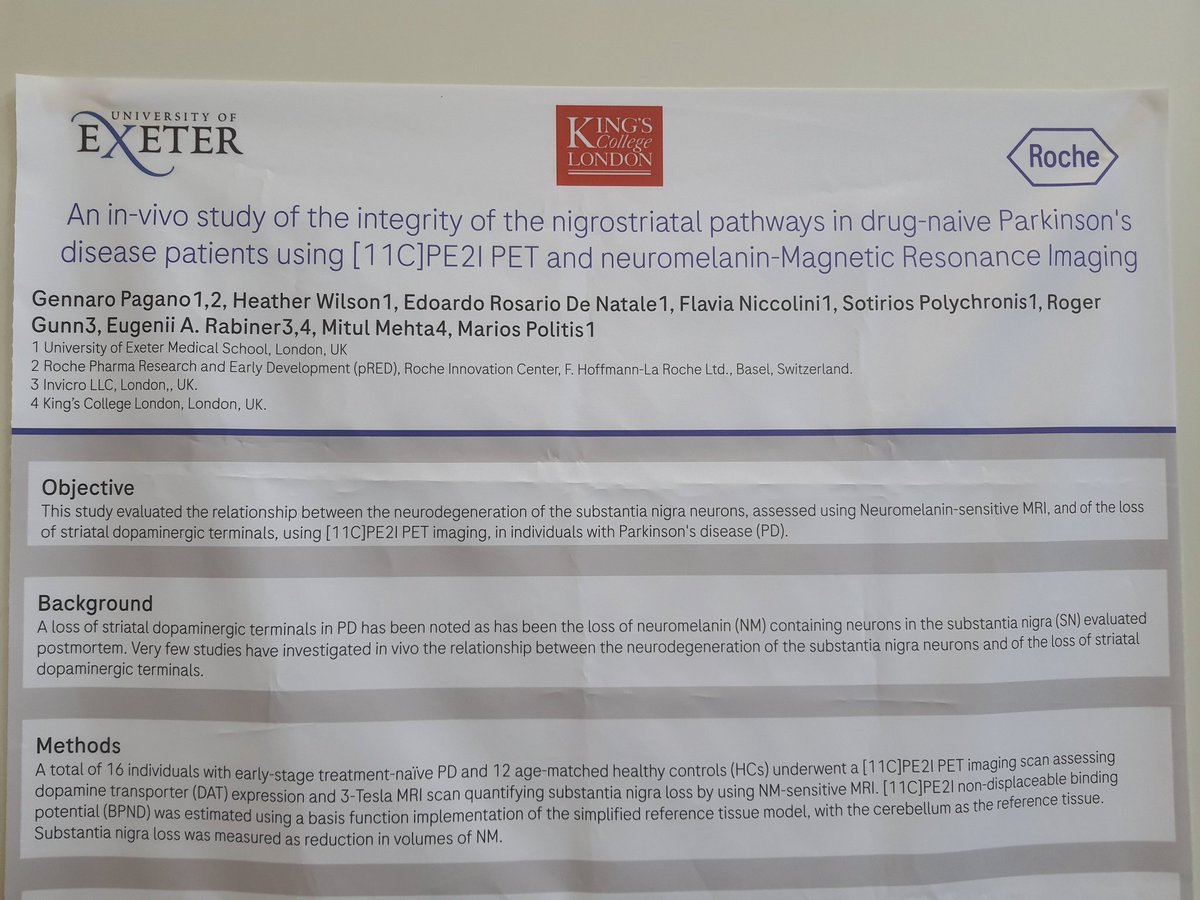 The #MDSCongress poster from <a href="/DrGennaroPagano/">Gennaro Pagano</a>, myself, and the <a href="/PolitisNIG/">PolitisNIG</a> group about a multimodal imaging study of nigrostiratal degeneration in drug-naive PD patients.
Fancy a look? Come and see us poster 1596