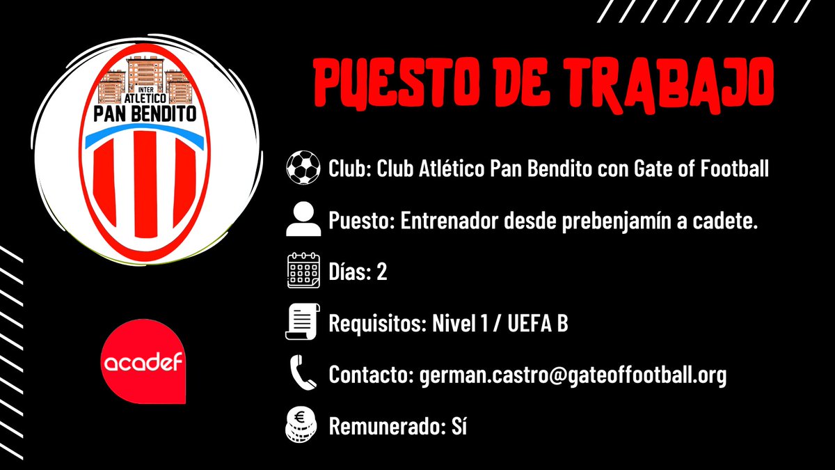 acadefescuela's tweet image. Puesto ENTRENADOR en Club Atlético Pan Bendito junto a la Fundación Gate of Football.