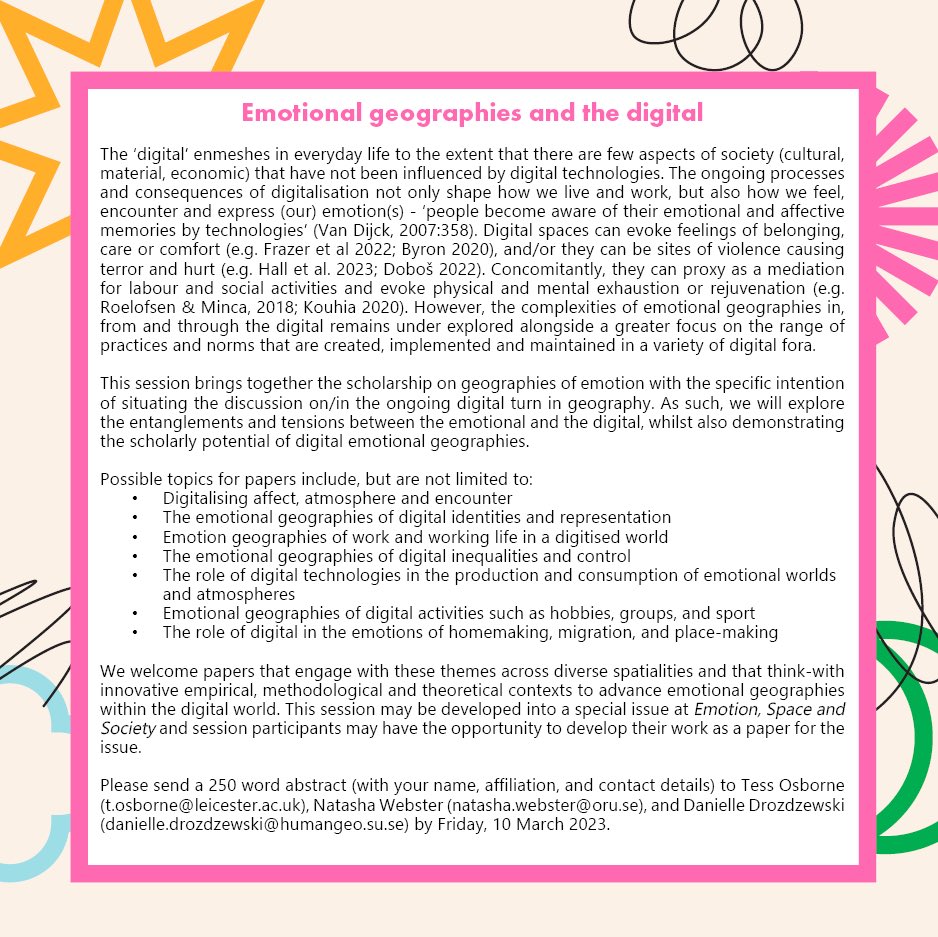 Tess Osborne (@tess_osborne) on Twitter photo If you at the #RGSIBG23 and are interested in digital and/or emotional geography, <a href="/DrNAWebster/">Dr.NatashaWebster</a>, @DanielleDroz, and I have the session for you! 💻💗
Swing by ICL Electrical Engineering 403B at 14:10-15:50 and 16:20-18:00 for 10 wonderful talks! If you at the #RGSIBG23 and are interested in digital and/or emotional geography, <a href="/DrNAWebster/">Dr.NatashaWebster</a>, @DanielleDroz, and I have the session for you! 💻💗
Swing by ICL Electrical Engineering 403B at 14:10-15:50 and 16:20-18:00 for 10 wonderful talks!