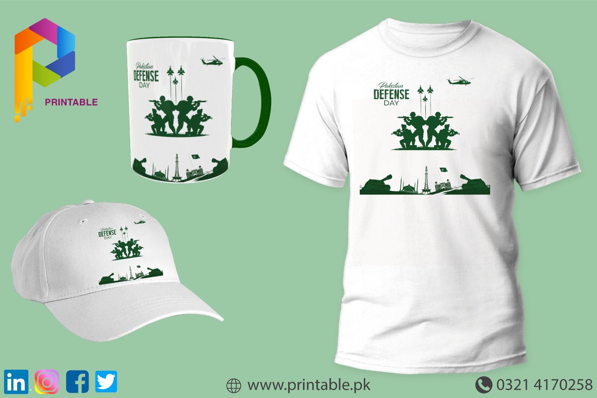 printablepk's tweet photo. Gear Up for Pakistan Defense Day!
Printablepk proudly presents our exclusive collection of specially designed shirts, mugs, and caps to commemorate Pakistan Defense Day on September 6th.
Wʜᴀᴛsᴀᴘᴘ/Cᴀʟʟ- +92 321 4170258
Contact us  https://t.co/nKwQn1y3Gv https://t.co/QV7fDGpOp4
