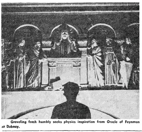 Paul Halpern (@phalpern) on Twitter photo Grovelling frosh (first year student) at <a href="/Caltech/">Caltech</a> humbly seeks physics inspiration from the 'Oracle of Feynman' (a courtyard sculpture modified by students to include Richard Feynman as the central figure) at Dabney residence hall, 1965:
caltechcampuspubs.library.caltech.edu/665/1/1965_10_…
<a href="/CaltechArchives/">Caltech Archives and Special Collections</a> Grovelling frosh (first year student) at <a href="/Caltech/">Caltech</a> humbly seeks physics inspiration from the 'Oracle of Feynman' (a courtyard sculpture modified by students to include Richard Feynman as the central figure) at Dabney residence hall, 1965:
caltechcampuspubs.library.caltech.edu/665/1/1965_10_…
<a href="/CaltechArchives/">Caltech Archives and Special Collections</a>