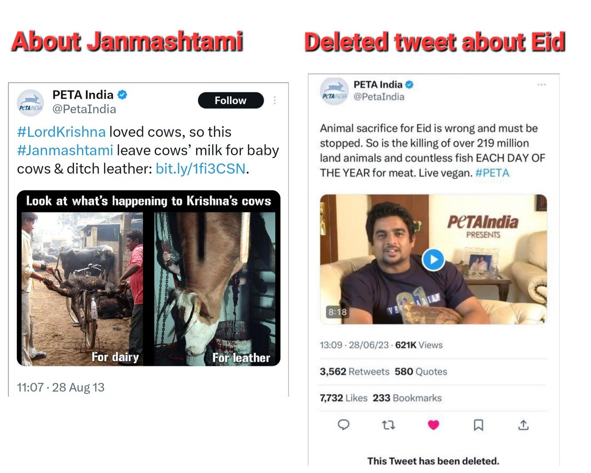 AskAnshul's tweet photo. This is what Peta once tweeted about Janmashtami but the same Peta deleted its tweet about Eid this year. https://t.co/K5c1W8rY67