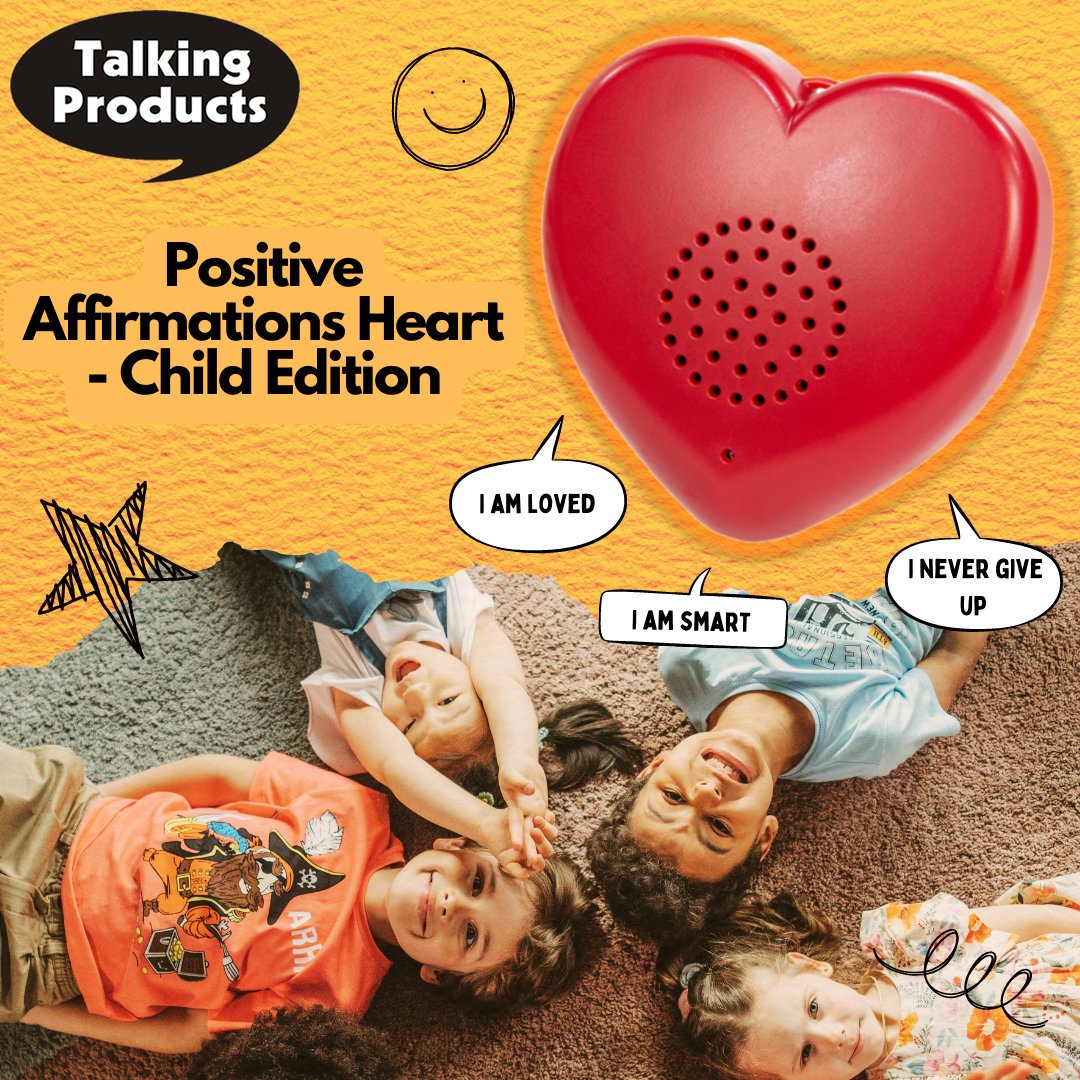 This special version of our Talking Hearts contains 30 pre-recorded #positivethinking  #self -#affirmations  specifically selected for children. Each time the heart is pressed one inspiring affirmation will play at random.
#Wellbeing #selflove