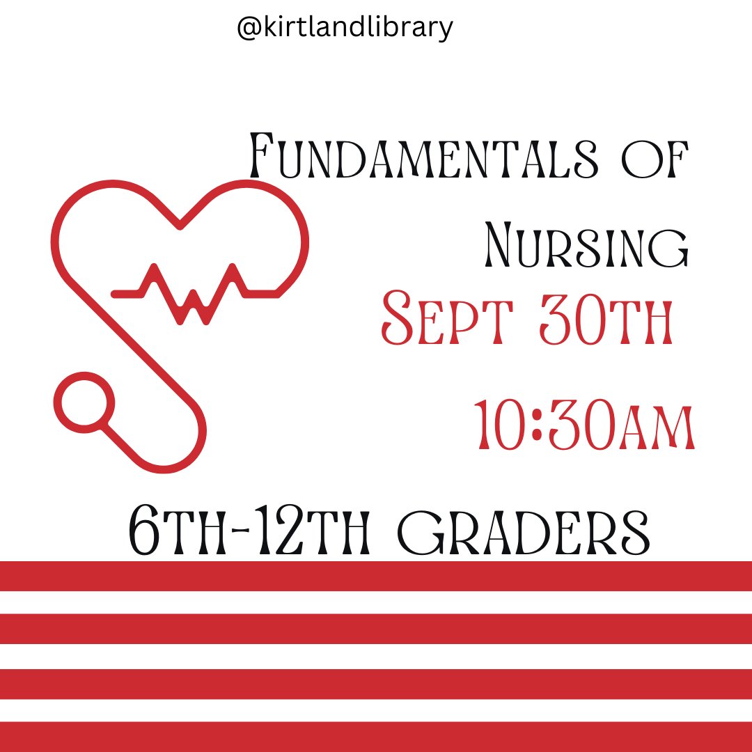 KirtlandPublic's tweet image. #learnaboutnursing #nursesrock #learnfirstaid #kirtlandlibrary
Youth in 6-12th grades: Sign up here:
kirtland.lib.oh.us/content/lori-k…