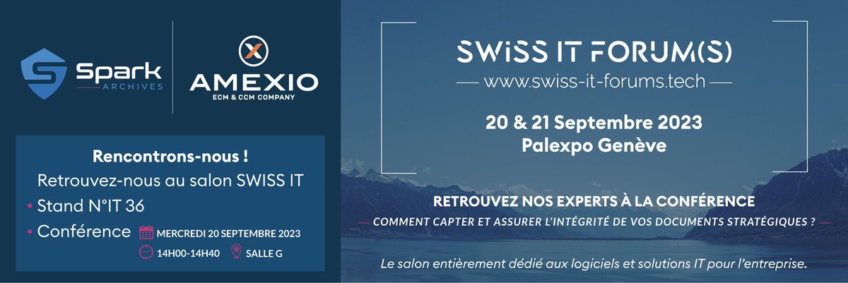 Spark Archives participe au salon Swiss IT Forums 2023 ! 📍
Nos experts seront présents sur place, accompagnés de notre partenaire <a href="/AmexioExpertECM/">AmeXio</a> ✨

Pour s'inscrire, cliquez sur lien ci-dessous !
swiss-it-forums.tech/fr/espace-visi…
