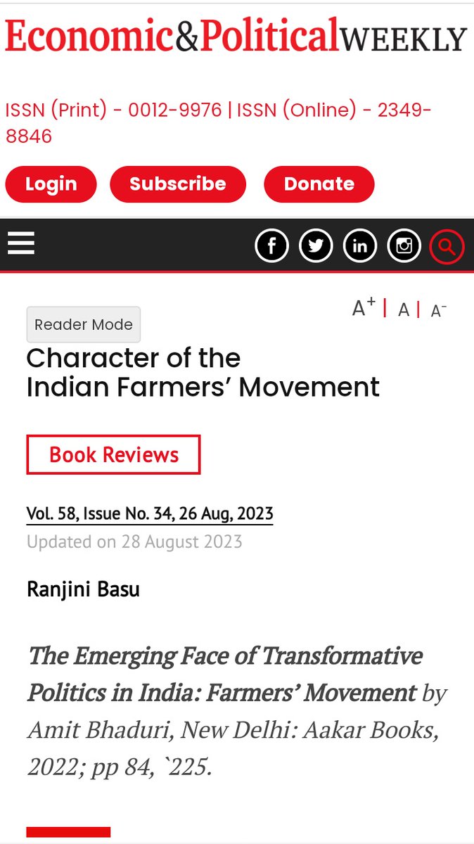 Wrote review of Amit Bhaduri's book Indian Farmers Movement for @epw_in in latest issue. Took the opportunity reflect on the character of present agrarian politics in India. Thanks @awanishkumar86 for giving the space and inviting critical thinking. shorturl.at/biBPT