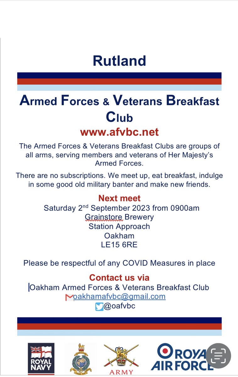 This Saturday our regular Breakfast club is happening at The wonderful Grainstore. If your part of the Armed Forces community or connected we would love you to join us! <a href="/RBLOakham/">Royal British Legion Oakham</a> <a href="/RafaRutland/">RAFA Rutland</a> <a href="/RAnglians/">Royal Anglian Regiment Charity</a> <a href="/7thRats/">7 (UK) Brigade 🇬🇧</a> <a href="/RoyalNavyFPS/">Royal Navy Family and People Support</a> <a href="/RAF_Wittering/">RAF Wittering</a> <a href="/HWRutland/">Healthwatch Rutland</a> <a href="/RutlandCAB/">Citizens Advice Rutland</a> <a href="/thegrainy/">Grainstore Brewery</a>