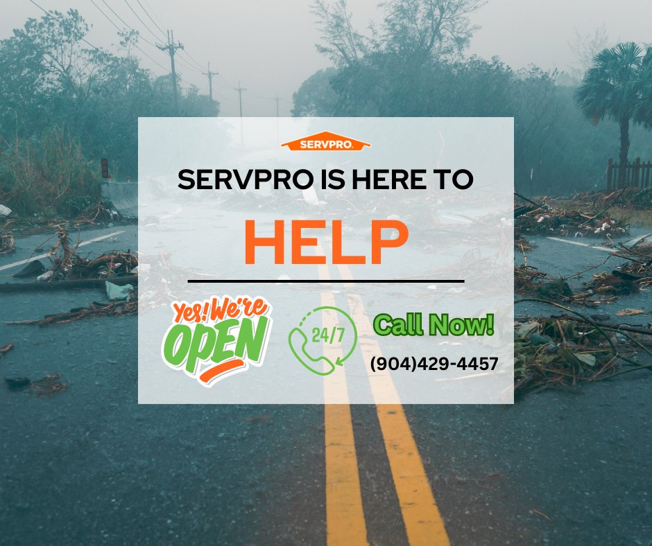 🌀🏠 #HurricaneAlert! Servpro is ready to help our community. Our experienced teams are on standby 24/7. If you need assistance with storm-related damage, call (904)429-4457. Your safety is our priority. Stay safe! #CommunityStrong #HurricaneRelief #HereToHelp