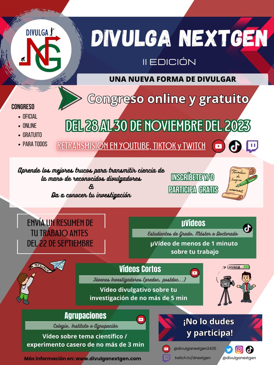 IPBLN-CSIC (@ipbln_csic) on Twitter photo 📣 ¡Atención a todos los amantes de la divulgación científica!
🌍✨ No os perdáis <a href="/DivulgaNextGen/">divulganextgen</a>.
🚀🔬 Es gratuito, abierto para todos y ofrece una nueva forma de divulgar a través de las Redes Sociales.
📅 Del 28 al 30 de noviembre
divulganextgen.com
<a href="/EventoCiencia/">EventoCiencia</a> 📣 ¡Atención a todos los amantes de la divulgación científica!
🌍✨ No os perdáis <a href="/DivulgaNextGen/">divulganextgen</a>.
🚀🔬 Es gratuito, abierto para todos y ofrece una nueva forma de divulgar a través de las Redes Sociales.
📅 Del 28 al 30 de noviembre
divulganextgen.com
<a href="/EventoCiencia/">EventoCiencia</a>