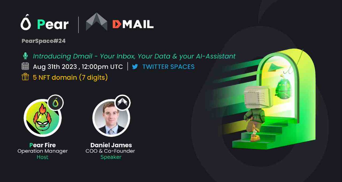🎙Join us for next 𝙏𝙬𝙞𝙩𝙩𝙚𝙧 𝙎𝙥𝙖𝙘𝙚 #AMA with <a href="/Dmailofficial/">DMAIL.AI</a>

📅Aug 31th |12:00 PM UTC
🎁Prize: 5 Dmail NFT Domain (7 digit) 

🔔Set reminder:x.com/i/spaces/1OyKA…

How to enter:
✅Follow <a href="/PearDAOReal/">PearDAO</a> &amp; <a href="/Dmailofficial/">DMAIL.AI</a>
✅Like, RT &amp; Drop your question below👇