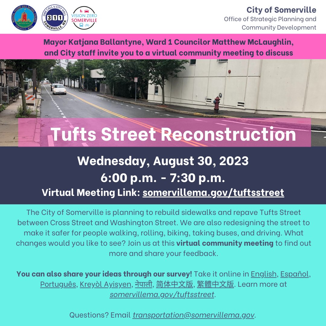 Tonight, starting at 6PM, join City Staff for a virtual community meeting to discuss reconstruction of Tufts Street. voice.somervillema.gov/tufts-street-r…