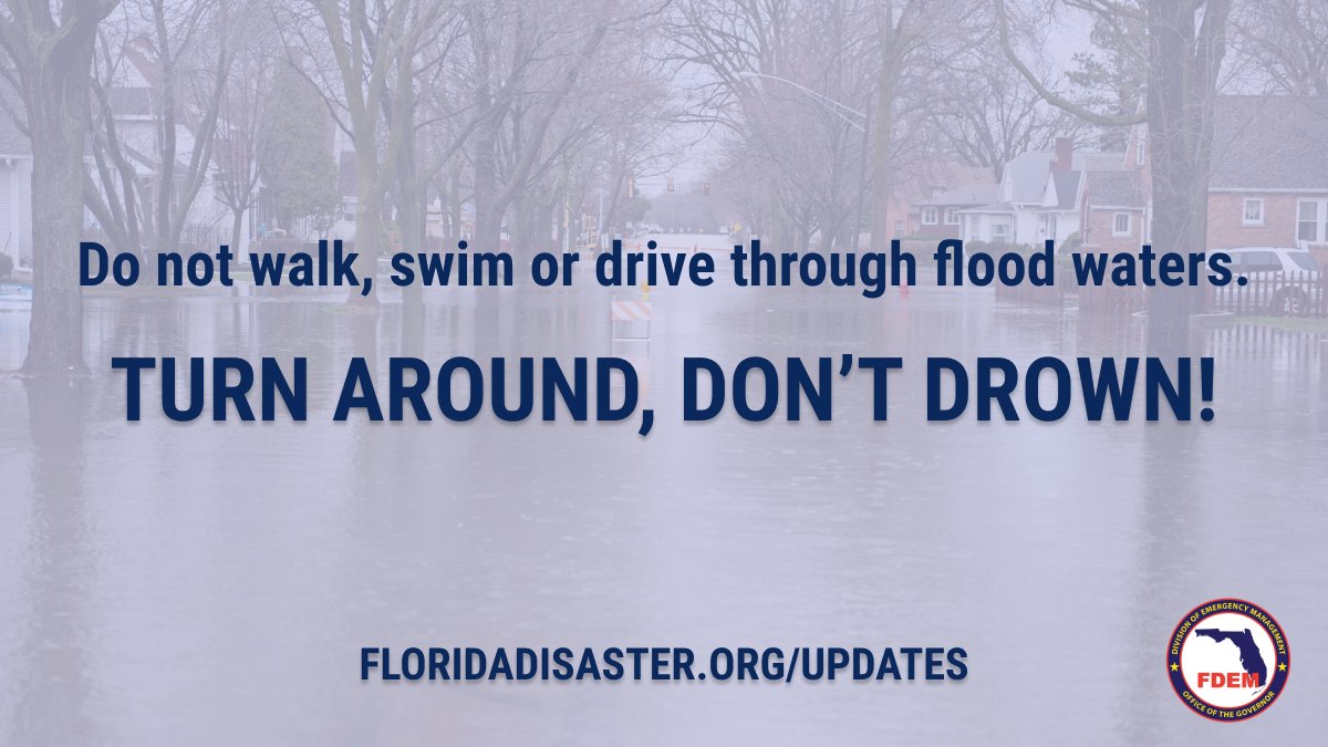 It is NOT safe to walk in or drive through flooded roadways. Just six inches of moving water can knock you down, and one foot of moving water can sweep your vehicle away.

‼️ Turn around, don't drown. #Idalia

FloridaDisaster.org/Updates