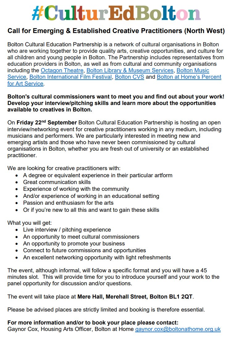 📢Artist callout. Interested in becoming part of a network of artists working in the community and with schools in Bolton? Bolton's cultural commissioners want to meet you and find out about your work!