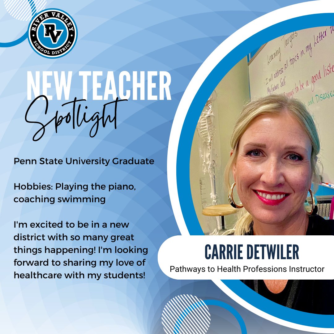 It's the beginning of the school year, and quite a few new faces are on campus. Meet Carrie Detwiler, Pathways to Health Professions Instructor at the River Valley STEAM Academy. Welcome to RVSD! ⚕️🩺 <a href="/STEAMDirector/">River Valley STEAM Academy</a>