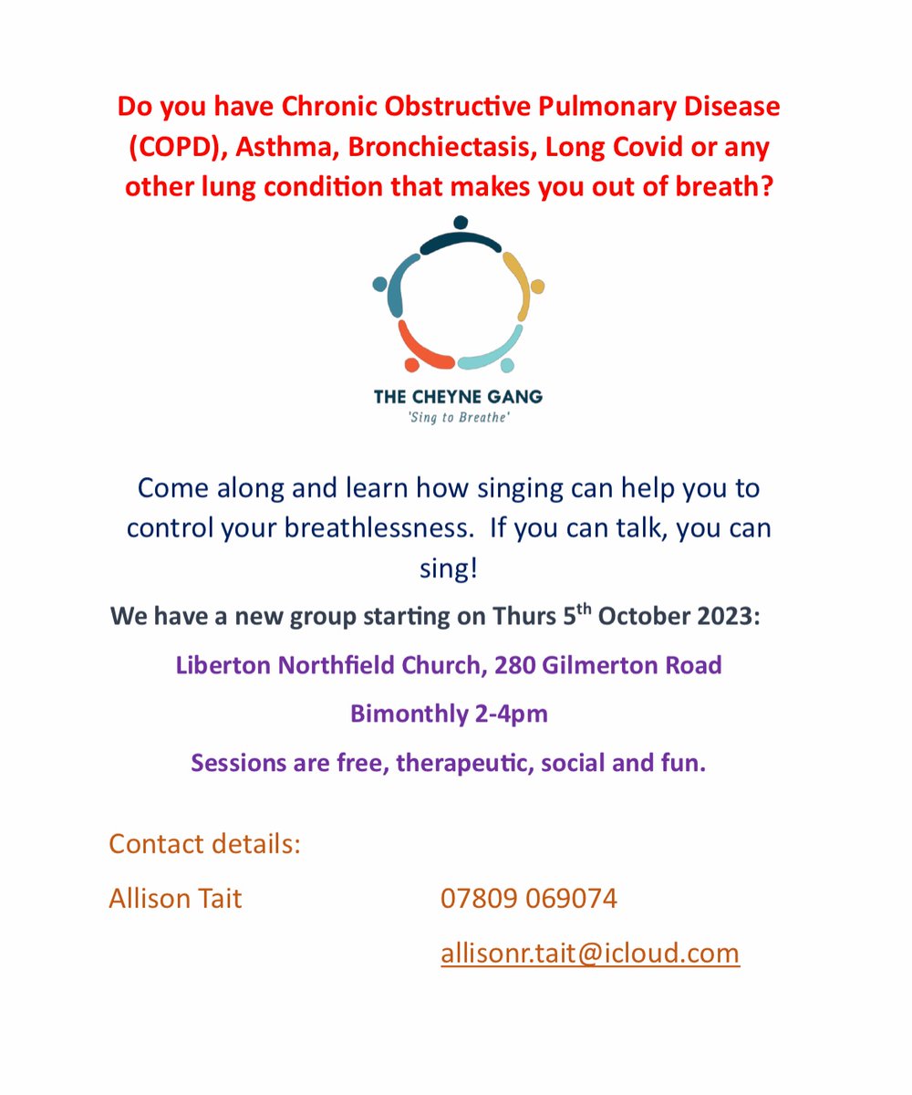 New Cheyne Gang singing for breathing group starting on Thurs 5th October in Edinburgh.  Bimonthly, free, therapeutic and fun. Contact details in the flyer. #COPD #singtobreathe #socialprescribing <a href="/CHSScotland/">Chest Heart & Stroke Scotland | also on bluesky</a> <a href="/asthmalungscot/">Asthma + Lung UK Scotland</a> @PulmRehabNHSEH <a href="/EPSRC_Proteus/">EPSRC Proteus IRC</a>
