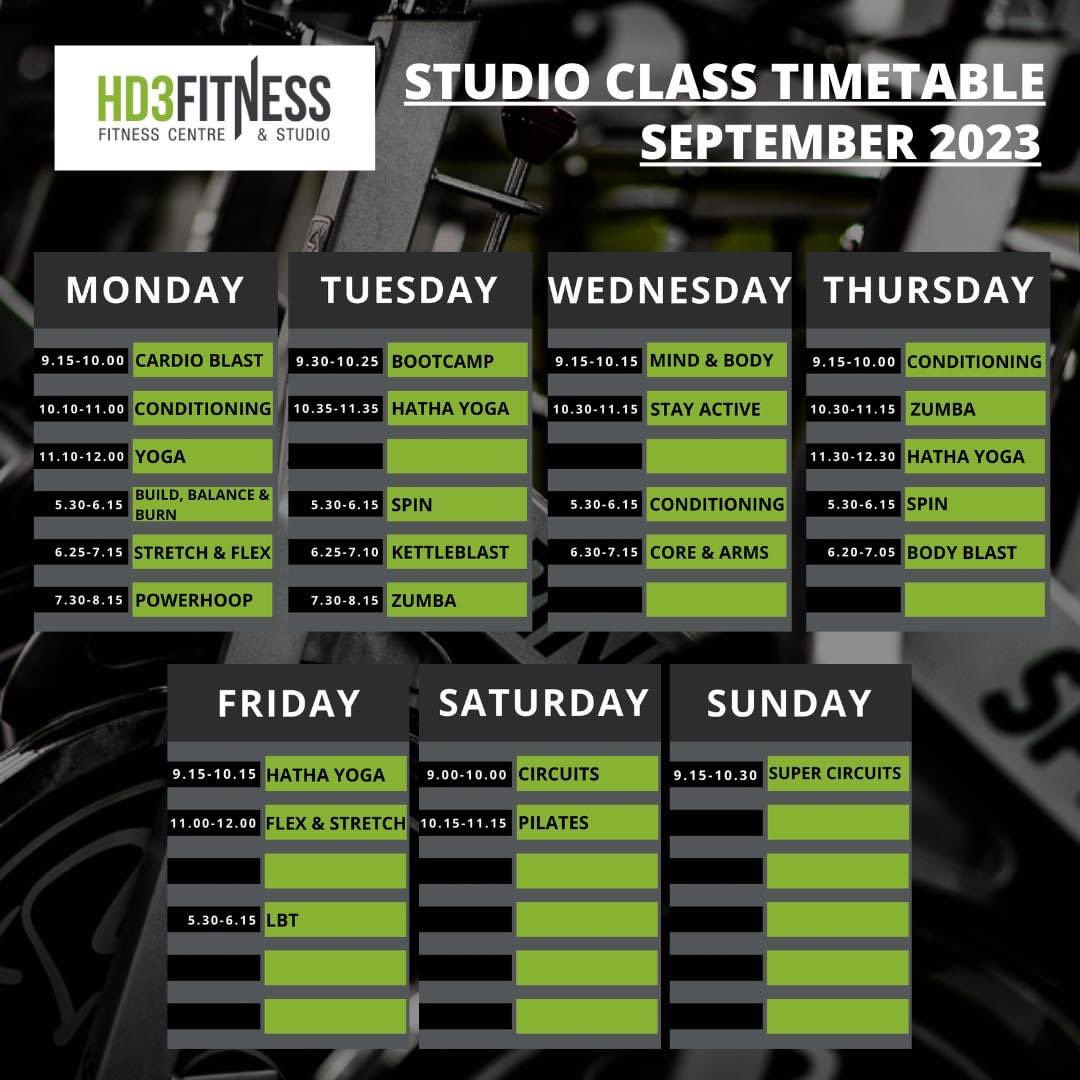 New class timetable.
hd3fitnesscentre.com
HD3 Fitness Centre 
Huddersfield, West Yorkshire