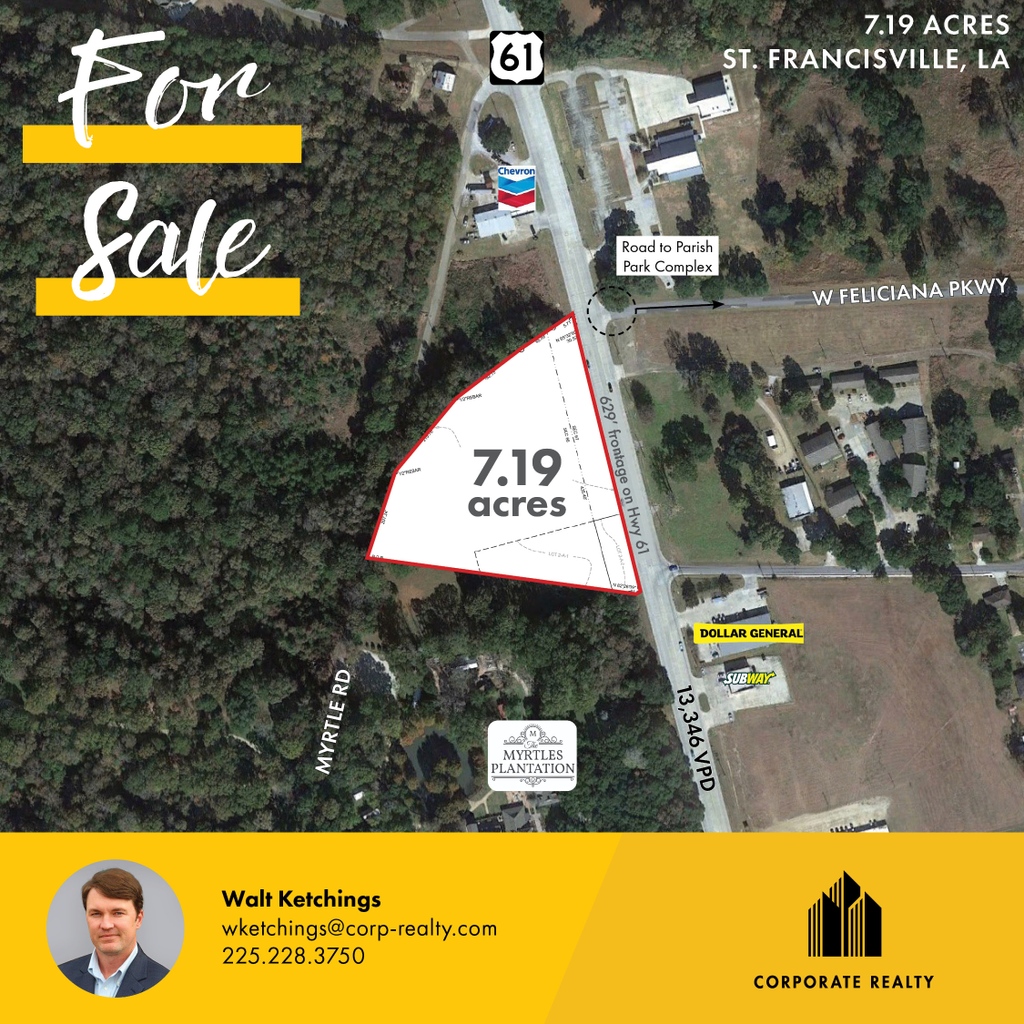 7.19 acres in St. Francisville is now #forsale along Hwy 61, directly across from West Feliciana Parks &amp; Rec complex. Rare #developmentopportunity or #investment with commercial zoning. Also available as build to suit. Visit bit.ly/CRStFrancisvil…
and call 225.228.3750.